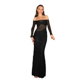 2025 Women's New Fashion Temperament Sexy Body Flashing Shoulder Mesh Dress Dress