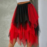Women Midi Skirts Summer Contrast Color/Solid Color Elastic High Waist Irregular Ruffles Multi-Layered Tulle Tutu Skirts-Outfit
