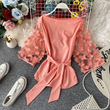 Slash Neck Women's Blouse Tops Mesh Splice Sashes Half Sleeve Female Blouse 2021 Summer Fashion Casual Elegant