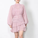 TWOTWINSTYLE Ruched Mini Dress For Women Round Neck Lantern Sleeve High Waist Solid Minimalist Dresses Female Clothes Spring