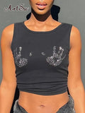 Sleeveless Cropped Camis Rhinestones Harajuku Fashion Gothic Tank Top Slim Streetwear Hip Hop Vest