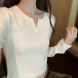 White Long-Sleeved T-Shirt For Women With Autumn And Winter Spicy Girls Short Style Slim V-Collar Bottomed Blouse-Outfit