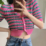 Women's Button Down Sweater Crop Tops, Elegant Sexy Hollow Out Short Sleeve V Neck Striped Print Knit Cardigan Women's Clothing-Outfit