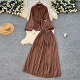 Simple Style Solid Temperament Suit Women's Spring Bubble Sleeve Strap Shirt + Tight Waist Slim Half Body Long