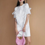TWOTWINSTYLE Patchwork Bowknot Dress For Women Round Neck Short Sleeve Loose Solid Mini Dresses Female Summer Clothing