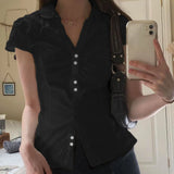 New Summer Women's Wear Small Pleated Leisure Buckle Solid Color Simple Back Strapped Short-Sleeved Shirt-Outfit