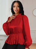 Red Formal Puff Sleeves Ruffle Peplum