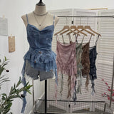Shoot Spice Girl Swing Network Yarn Print Sling Vest Retivating Lotus Leaf Side Ribbon Short Top