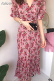 Dresses for Women V-neck Short Sleeve Floral Dress Female Chiffon Long Dress Korea Office Lady Vestidos Summer 2023