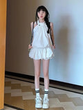 Aging Simple Temperament Suit Women's Summer Design Sense Hanging Neck Blouse Waist Fluffy Half Skirt Two Sets-Outfit