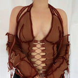 8 Colors Sexy Hollow Out Women Long Sleeve Crop Tops Striped Patchwork Drawstring Ribbed Bandage Fitness