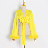 Solid Shirt For Women V Neck Long Sleeve Patchwork Feathers Sexy Belt Blouses Female Fashion Cloth Style New