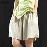 Cotton Linen Loose Shorts for Women Summer Casual Pocket Elastic Waist Shorts Woman 2023 New Wide Leg Short Pants