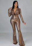 Tan Color Sexy Crop Top and High Waist Flare Pants 2PC Party