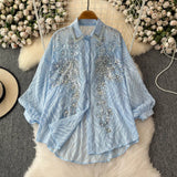 Gas Age Reduction Shirt Female French Heavy Industry Shiny Embroidery Diamond Set High-End Lantern Sleeve Thin Top