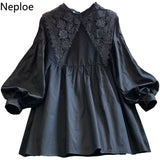 Oversized Blouse Women 2023 Blusas Mujer De Moda Crochet Lace Shirt Lantern Sleeve Loose Blouses Japanese Black Long