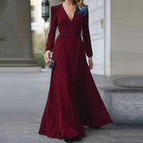 Women Sexy Formal Maxi Dress V Neck Long Sleeve Solid color Bandage Office Ladies Evening Party Prom Gown-Outfit