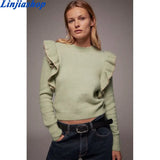 Women Sweet Cascading Ruffle Solid Knitting Sweater Female O Neck Long Sleeve Casual Chic Pullovers Pleated