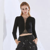 Hollow Out T-shirts For Female V Neck Long Sleeve High Waist Slimming Solid Color Women's Casual T-shirt