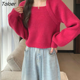 Women Pullovers Elegant Ladies Spliced Designed Solid Color Tender Square Collar Sweaters Retro Puff Sleeve Knitwear Cropped