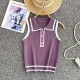 Style Striped Knitted Sleeveless Vest Women's Summer Collar Slimming Design Chic Beautiful Little Man