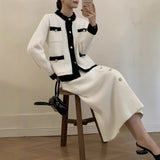 And Winter Solid Color Round Collar Open Fork Sweater Set Women's Loose Knitting Tops Broad Leg Pants Two