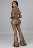 Tan Color Sexy Crop Top and High Waist Flare Pants 2PC Party