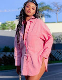 Pink Button Up Side Slit Turndown Collar Long Sleeves