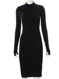 Turtleneck Knee Length Dresses For Women Sexy Side Split Elegant Long Sleeve Bodycon Chic Autumn Fashion Dresses