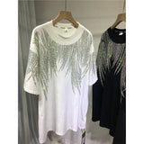 Women Tops Sequin Print Tees Round Neck Half Sleeve Loose Casual Regular Splice T Shirts Simple Hot Drilling Mid Length Top-Outfit