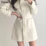 Beige Tweed Dress Woman Single Breasted Elegant Party Mini Dresses Female Autumn Winter Wool Blend Dress Vestidos