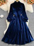 VAREY LIN New Autumn Casual Solid Slim Button Lady Full Dress A Line Stand Collar Chiffon Single Breasted Women