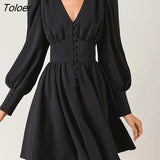 Elegant Puff Sleeve Short Dress Women Sexy V-Neck A-Line Dresses High Waist Single Breasted Pleated Shirt Dress Autumn