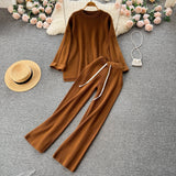 Casual Winter Loose Sweater Sets O Neck Tops+Drawstring Wide Leg Long Pants 2022 Women OL Solid Knit Two Pieces