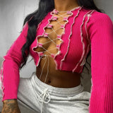 8 Colors Sexy Hollow Out Women Long Sleeve Crop Tops Striped Patchwork Drawstring Ribbed Bandage Fitness
