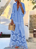 Sexy Boho Long Dress Women 2019 Fall Solid Hollow Out V-Neck Lace sexy Dresses bohemian style Plus Size Dress