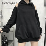 Streetwear Off Shoulder Sweatshirt For Women Hooded Collar Long Sleeve Casual Black Sweatshirts Female Fashion New 425-0-Outfit
