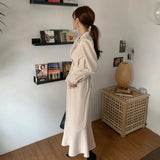 Sashes Dresses for Women Party Office Lady Trumpet Mermaid Long Sleeve Midi Woman Dress Beige Korean Clothes
