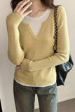 Ins Color Splicing Fake Two Long-Sleeved Tops Women's New Minority Autumn And Winter Knitted Bottomed Sweaters-Outfit