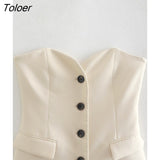 Women Sexy Off Shoulder Strapless Breasted Slim Smock Blouse Office Lady Flap Pockets Design Shirt Chic BlusasTops