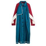 Women Blue Color-block Big Size Long Trench New Lapel Long Sleeve Loose Fit Windbreaker Fashion Spring Autumn 2023