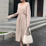Women Elegant Solid Midi Dress With Belt 2021 V Neck Korean Chic Dresses Long Sleeve Casual Knitted Sweater Dress