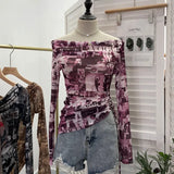 Graffiti-Printed Shoulder-Threin Mesh Long-Sleeved Blouse Side Drawstring Tethered With Slime T-Shirt
