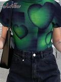 Gradient Heart Print Grunge T-Shirts Women Retro Green Vintage t shirt Casual Summer Tops GREEN Crop Top