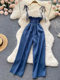 French Style Sexy Women Dress Summer 2022 Elastic Waist Pocket Temperament Elegant Solid Wide Leg Pants