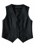 V Neck Pinstriped Button Corset Top-Outfit