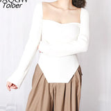 Rrib Knitting Solid Sweaters for Women Slim Elegant Square Collar Long Sleeve Irregular Length Design Casual