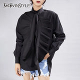 Elegant Black Patchwork Ruffle Shirt For Women Stand Collar Long Sleeve Solid Blouse Female Fashion New
