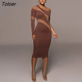 See Through Mesh Dress for Women 2023 Diagonal Collar One Sleeve Sexy Transparent Bodycon Midi Dress Black Beige