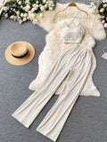 Knitted Pocket Women Sport Sets Backless Strapless Camisole+ Summer Elastic Waist Wide Leg Pants Fashion Two Piece